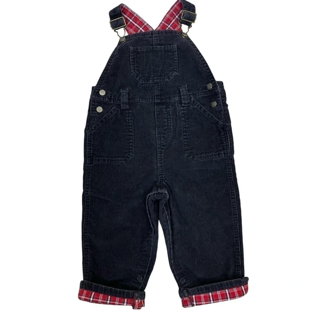Greendog Vintage Corduroy Bib Style Overalls w Plaid Roll Cuff Black Red 24 mo